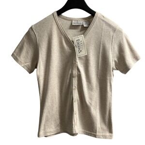 Vintage Y2K Top Womens S Oatmeal Ribbed Tan Button Front V Neck Fitted Preppy